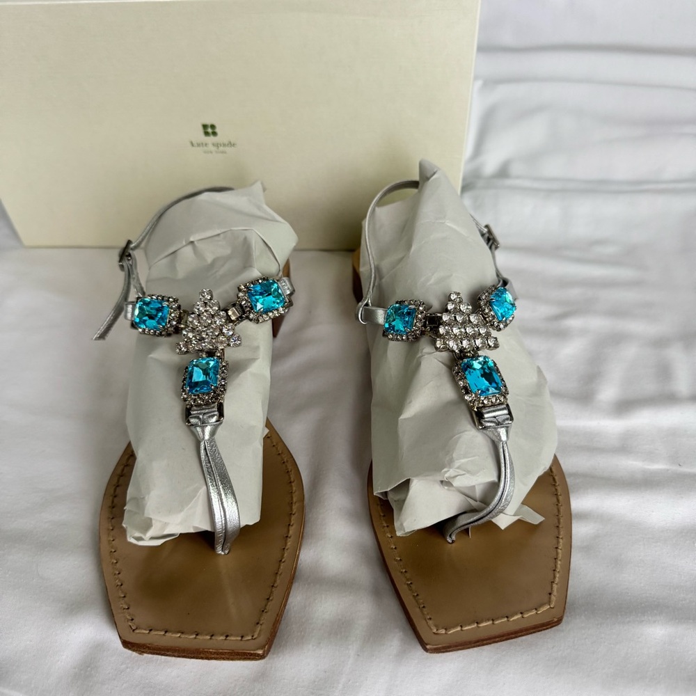 Kate Spade Silver Leather Blue Crystal T-Strap Jeweled Sandals Women's 9 Boho